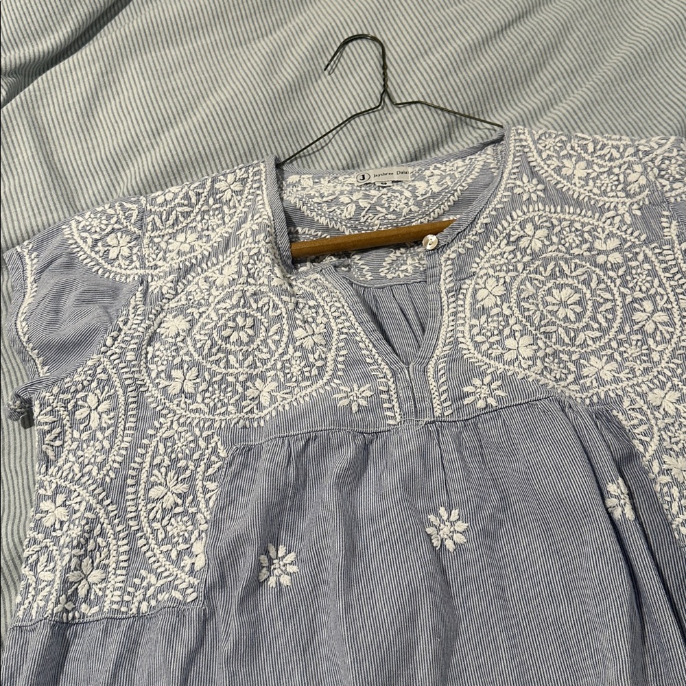Jayshree Dalal Blue White stripe Peasant Boho Dress Size Small Embroidered
